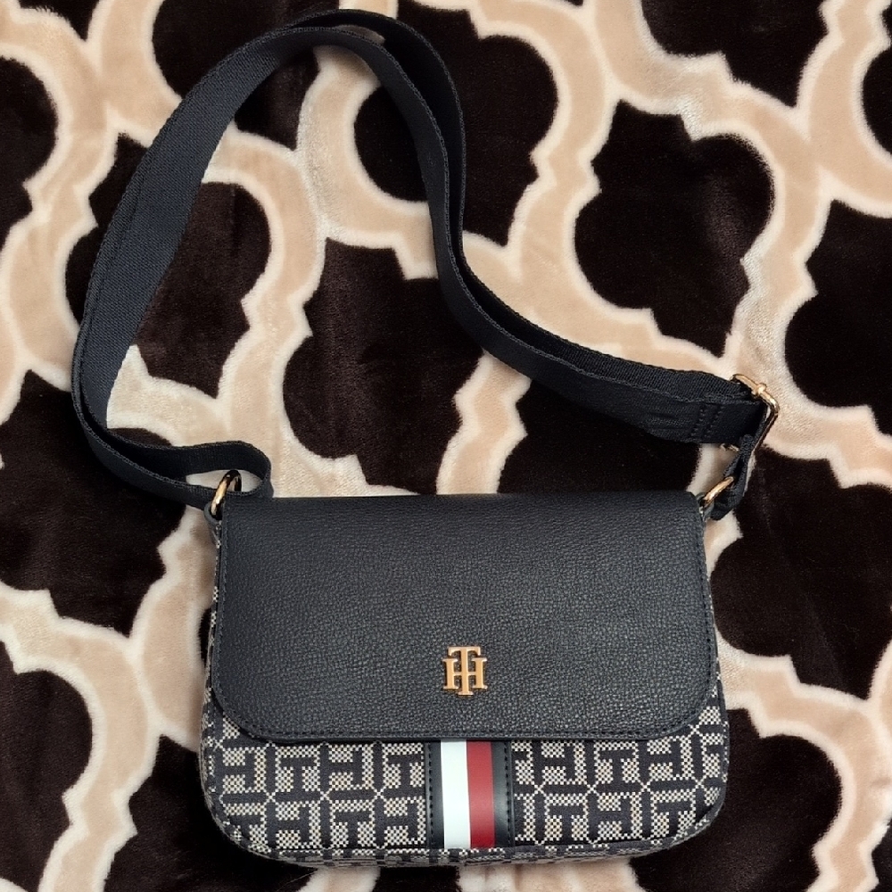 Tommy Hilfiger Navy and White Patterned Crossbody Bag